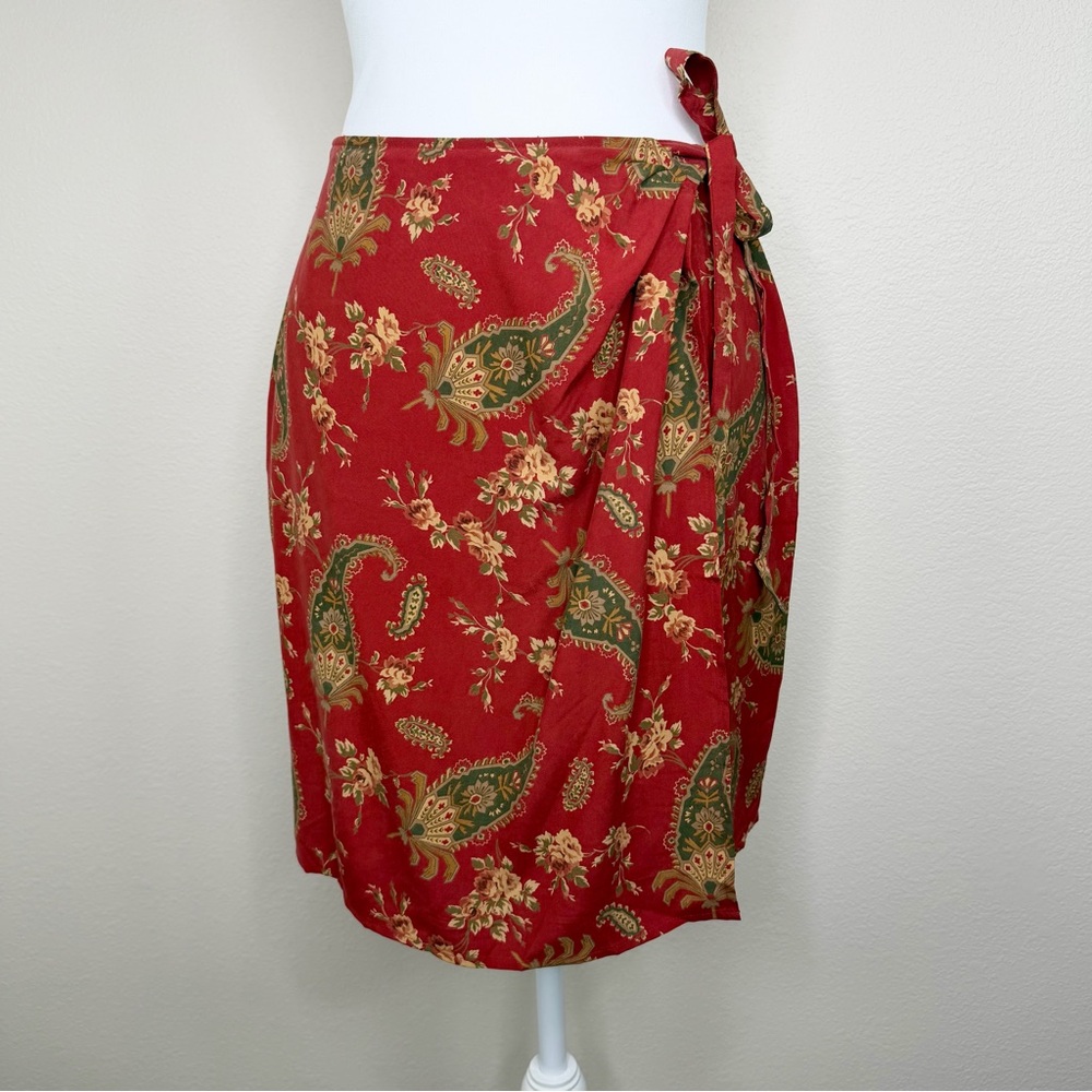 Vintage Limited America Red Floral & Paisley 100% Silk Wrap Mini Skirt Sz S